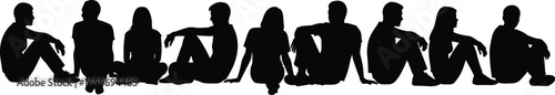 Silhouette group of people sitting, social gathering, teamwork concept, relaxing friends, community design, human figures, crowd illustration, black white
