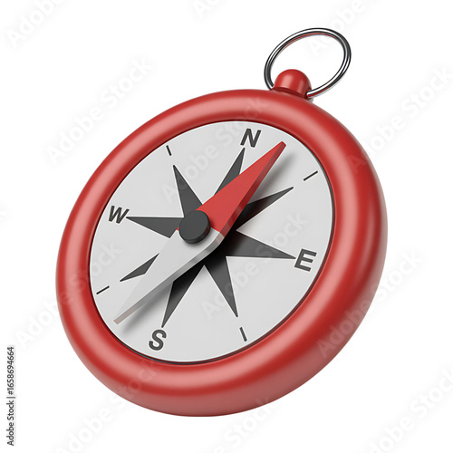 A classic red compass with a white face and black directional markings indicating north east south and west isolated on transparent background
