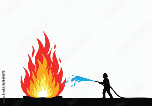 Firefighter is spraying water on a large fire to extinguish it