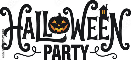 Happy Halloween lettering. Handwritten calligraphy Party with spider web and bats for greeting cards, Party, posters, banners, flyers and invitations. Happy Halloween text, holiday background