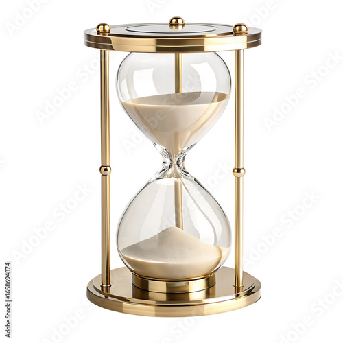 Elegant golden hourglass with flowing sand and clear glass bulbs symbolizing time passing and measurement isolated on transparent background