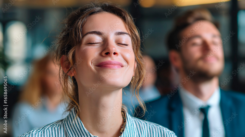 © FS - Woman with closed eyes enjoying calmness in the office. Stress relief and mindfulness practice © FS - Woman with closed eyes enjoying calmness in the office. Stress relief and mindfulness practice