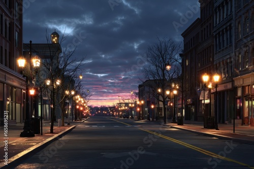 Serene urban street captures the calm of dusk with glowing streetlights and colorful sky over quiet buildings in a tranquil city setting
