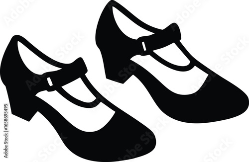 Pair of black silhouette Mary Jane high-heeled shoes with ankle straps high heels women's shoes