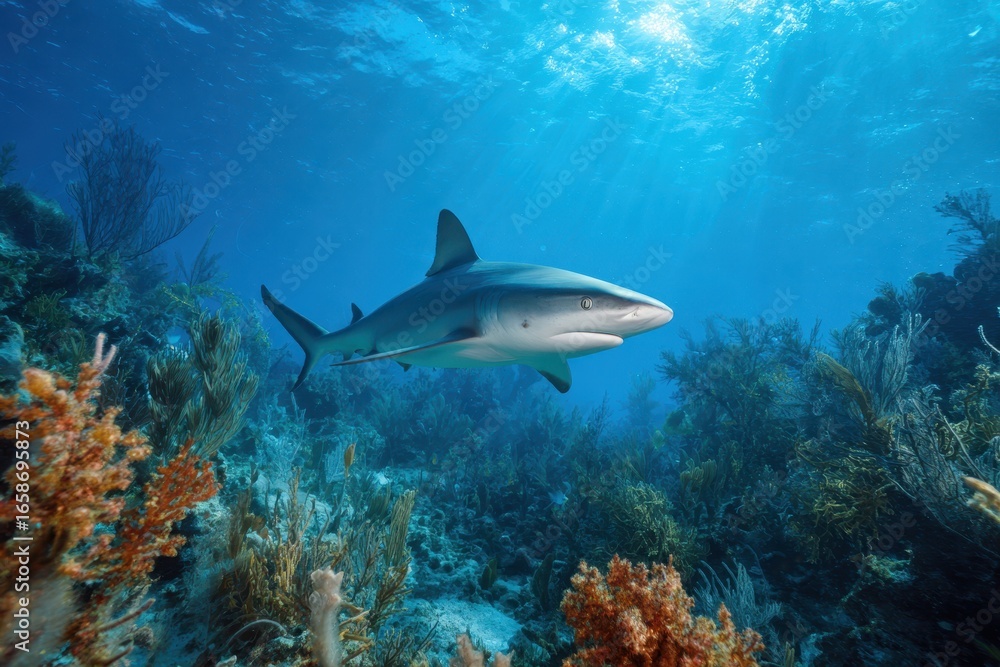 Naklejka premium Cuba Camaguey reef shark gracefully swimming above vibrant coral reef in crystal-clear waters during sunny daytime