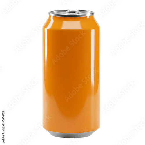 A single bright orange soda can with a silver pull tab and rim isolated on a transparent background isolated on transparent background