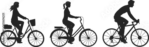 Silhouette of people riding bicycles, man and women cycling, outdoor activity, healthy lifestyle, black and white vector illustration