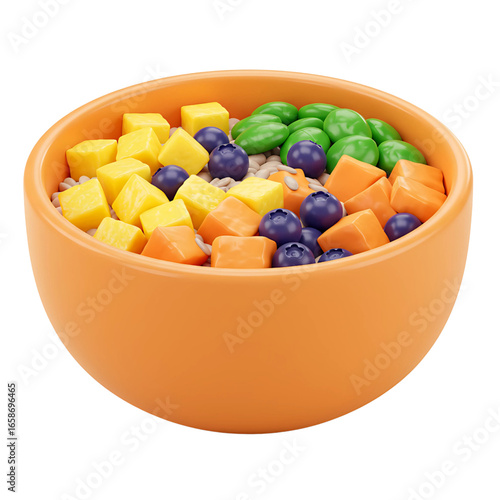 A vibrant orange bowl filled with a healthy breakfast of oatmeal topped with diced mango blueberries chopped apricots and green peas isolated on transparent background