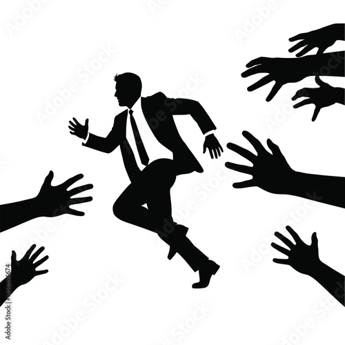 A stark, minimalist silhouette vector illustration. A man in a suit is captured in a dynamic running pose.eps

