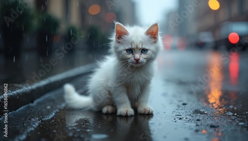 Fototapeta Naklejka Na Ścianę i Meble -  Sad, wet white angora kitten sits alone on city street during rainfall. This abandoned, hungry stray has bright blue eyes and dirty, matted fur. A symbol of neglected pets needing adoption and care.