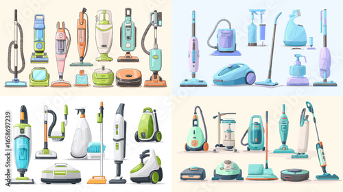 Flat vector illustration of modern vacuum cleaners and cleaning devices. Perfect for home hygiene, housekeeping, and cleaning service design concepts.