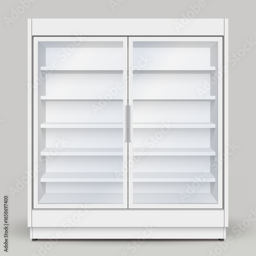 Realistic fridge for supermarket or grocery store with glass door and selves for products storage and display.