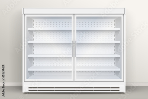 Realistic fridge for supermarket or grocery store with glass door and selves for products storage and display.
