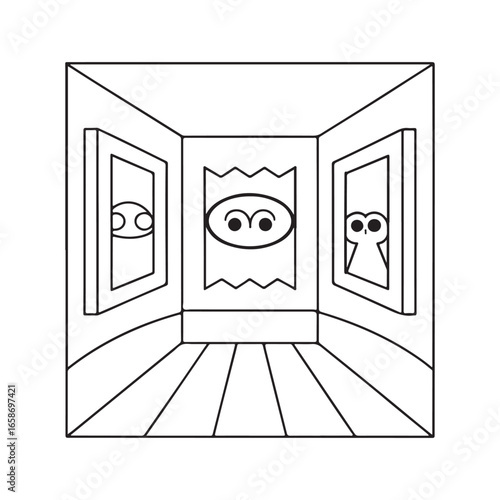 Cartoon Art Gallery Interior with Three Framed Pictures Featuring Eyes museum exhibition