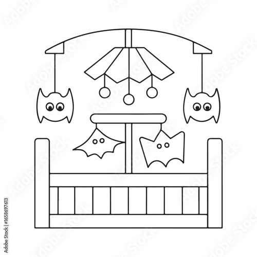 Outline Drawing of a Baby Crib Mobile with Hanging Bats and Owl Toys baby mobile crib toy