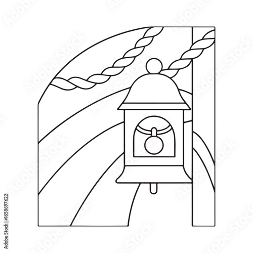 Outline drawing of a traditional Japanese paper lantern hanging from a rope Japanese lantern