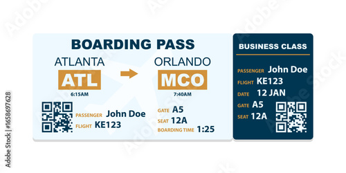 Realistic illustration of airplane ticket boarding pass with passenger name and destination. Concept of travel, journey or business trip.