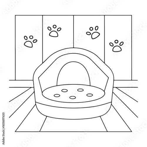 Pet bed with paw prints on wall and striped floor in a room dog bed cat bed