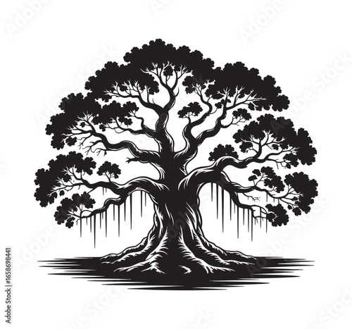 Vector illustration of a majestic old banyan tree silhouette. A black and white graphic symbol of the tree of life with a strong trunk and hanging roots.