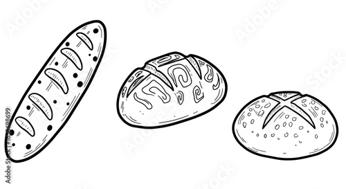 Doodle style hand-drawn bread varieties on white background