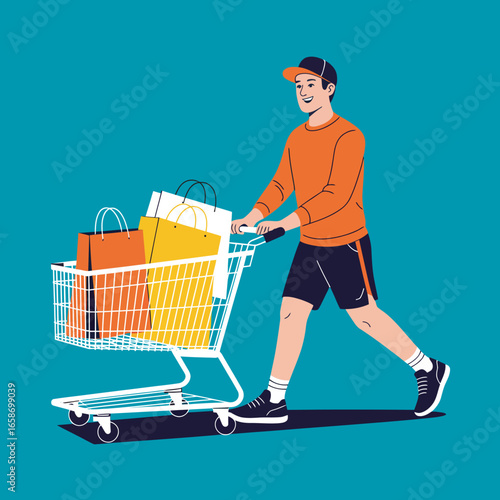 Man Pushing Shopping Cart Full of Bags with Blue Background