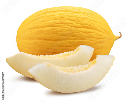 Tableau sur toile Canary yellow melon and melon slices isolated on white background