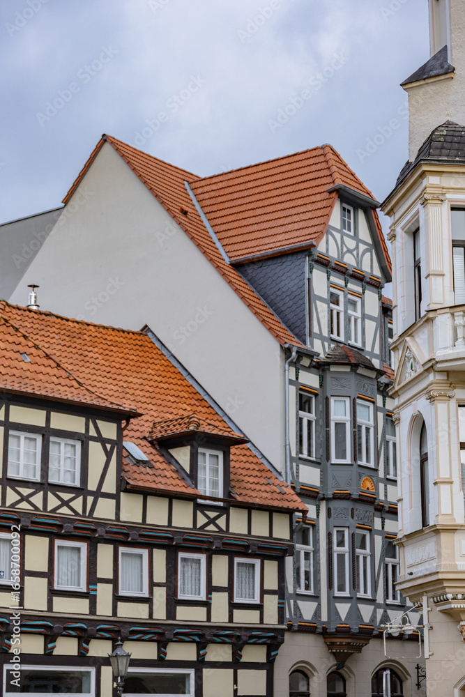 Fototapeta premium Historic German architecture with ornate windows and classic half timbered facades in Hann Munden