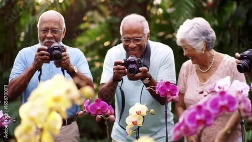 Elderly people photographing flowers in a botanical garden.