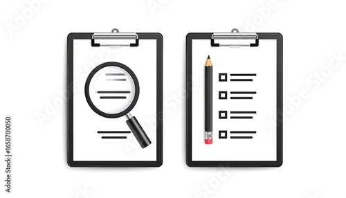 Two black clipboards, one with a magnifying glass and the other with a pencil and checklist
