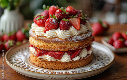 Wallpaper Mural Brown cake with fresh red strawberries and white cream stands on textured plate. Perfect for food blogs, dessert presentations, or product photography. Torontodigital.ca