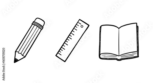 Doodle style hand-drawn school supplies including pencil, ruler, and notebook on white background