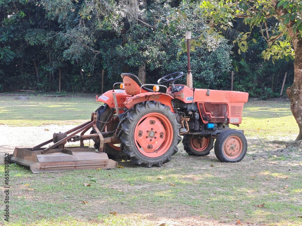 Obraz premium Mini tractor parked under tree in green field