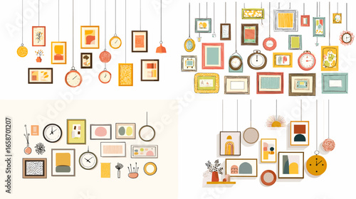 Colorful wall decor flat vector with hanging photo frames, clocks, and home decorations. Great for interior design, art gallery, and living room decoration projects.frame, wall, decor, clock, photo, g