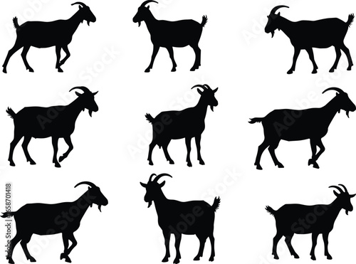 goat silhouette set, farm animal vector illustration, livestock black shape, countryside agriculture artwork, rustic goat graphic design