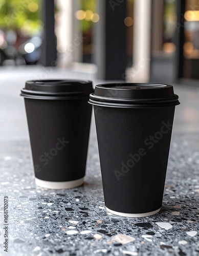 Two black coffee cups on a textured surface outdoors
