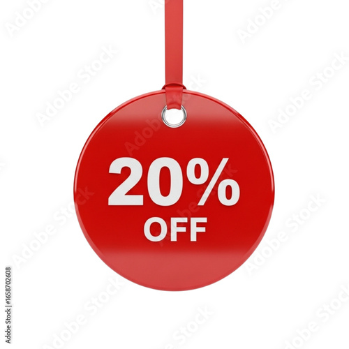 Red tag with twenty percent off hanging from a red ribbon sale