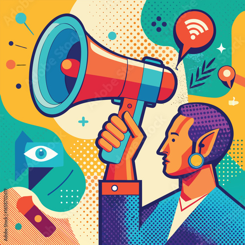 Modern illustration of a person holding a megaphone announcing information in a dynamic and colorful retro pop art style