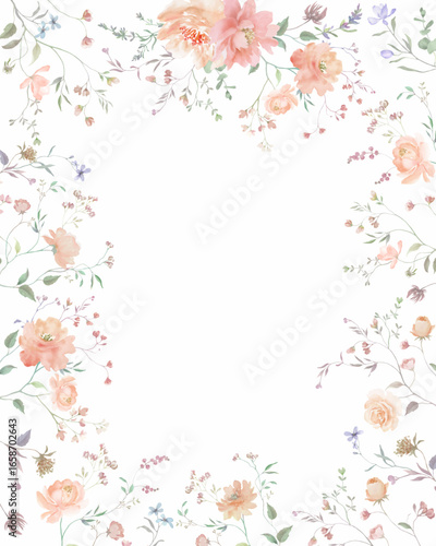  Frame with watercolor hand painted whimsical floral. Botanical background. Hand drawn illustration. Vector EPS.