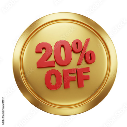 Golden coin with red twenty percent off text on a white background