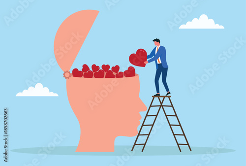 Vector illustration of a businessman standing on a ladder placing red hearts inside an open human head, symbolizing love, empathy, kindness, emotional intelligence, and care
