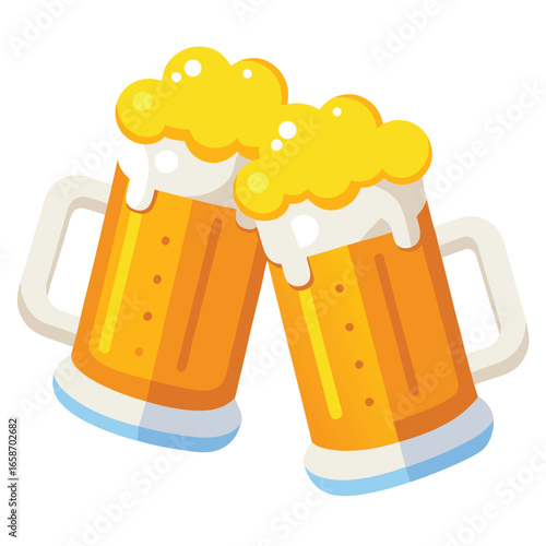 Vector illustration of two foamy mugs of beer clinking in a celebratory toast for joyous occasions or events.