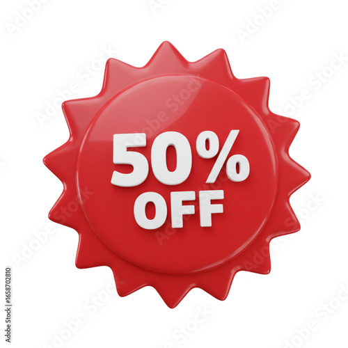 Red burst shape with fifty percent off white text promotion