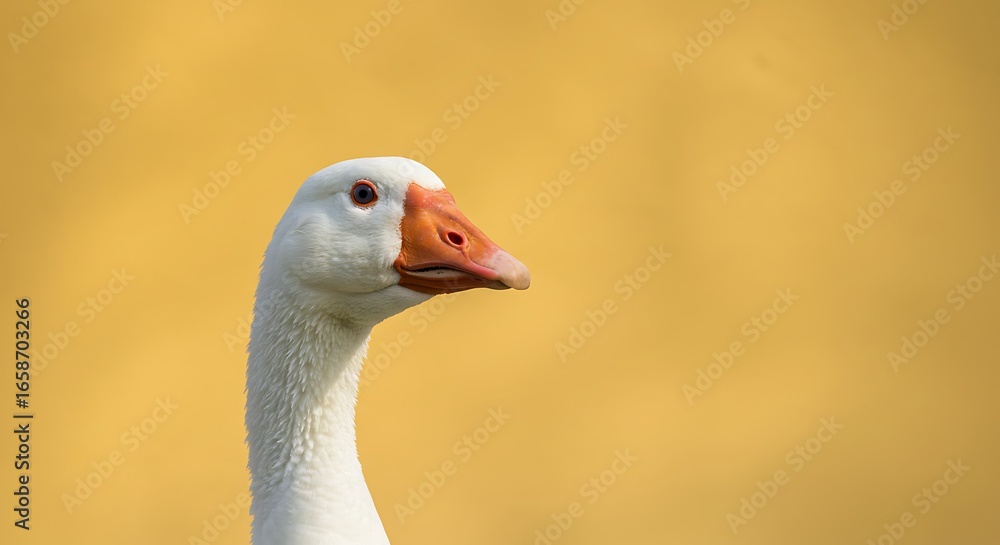 Fototapeta premium Close-up of White Goose with Orange Beak and Bright Eyes Against Soft Yellow Background