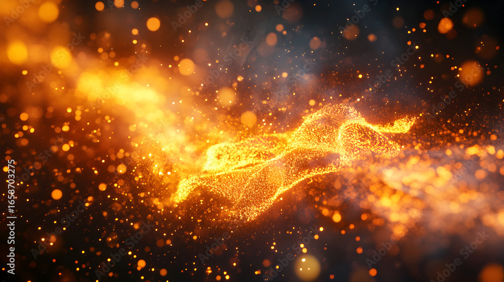 Fototapeta premium Abstract fiery energy stream with particles against a dark background. Glowing orange and yellow colors.