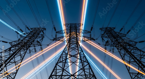 Electric power transmission towers with light trails at night creating a futuristic energy flow