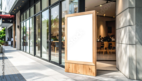 Blank wooden framed board outside modern café