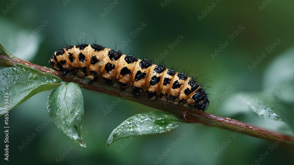 Caterpillar crawling on a leaf covered stem Caterpillar crawling on a leaf covered stem