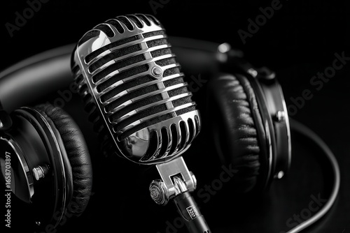 Studio microphone positioned beside professional studio headphones on a black background for a clean and immersive audio setup