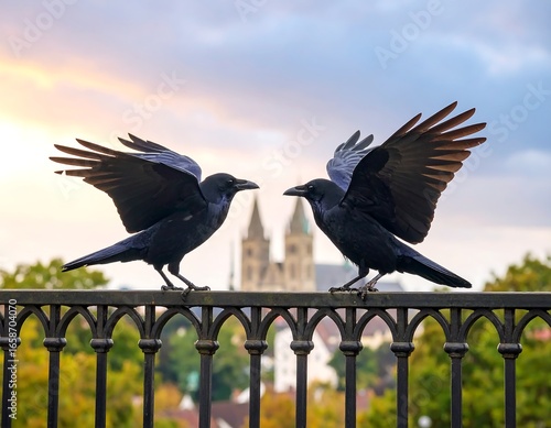 Two black crows on a metal railing, wings outstretched, against a city skyline