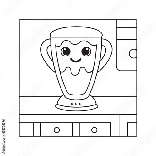 Cute Cartoon Blender with a Happy Face on a Kitchen Counter with Cabinets appliance food processor